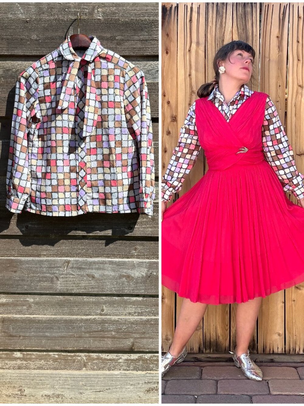 Vintage Hooper Multicolored Pastel Ladder Print Secretary Pussybow Blouse S/M
